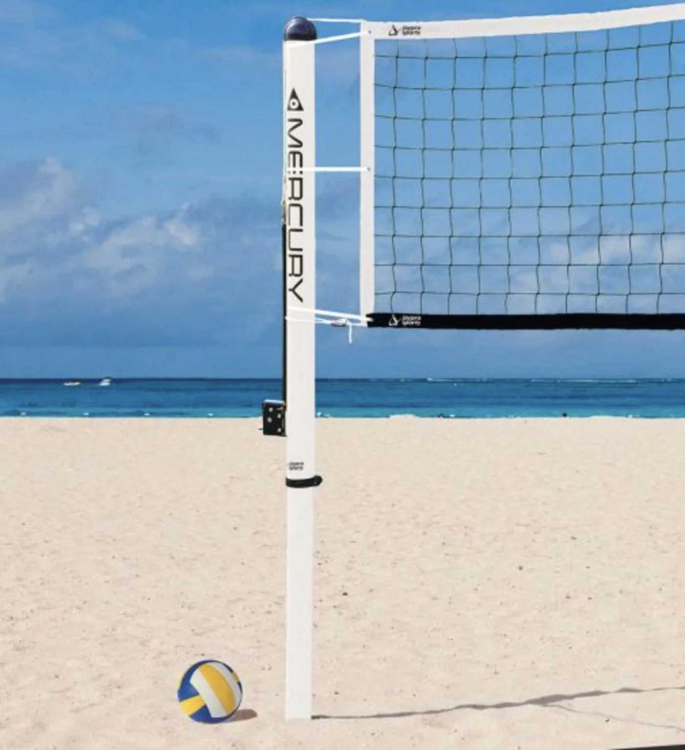 Pop-up volleyball court setup on the sand